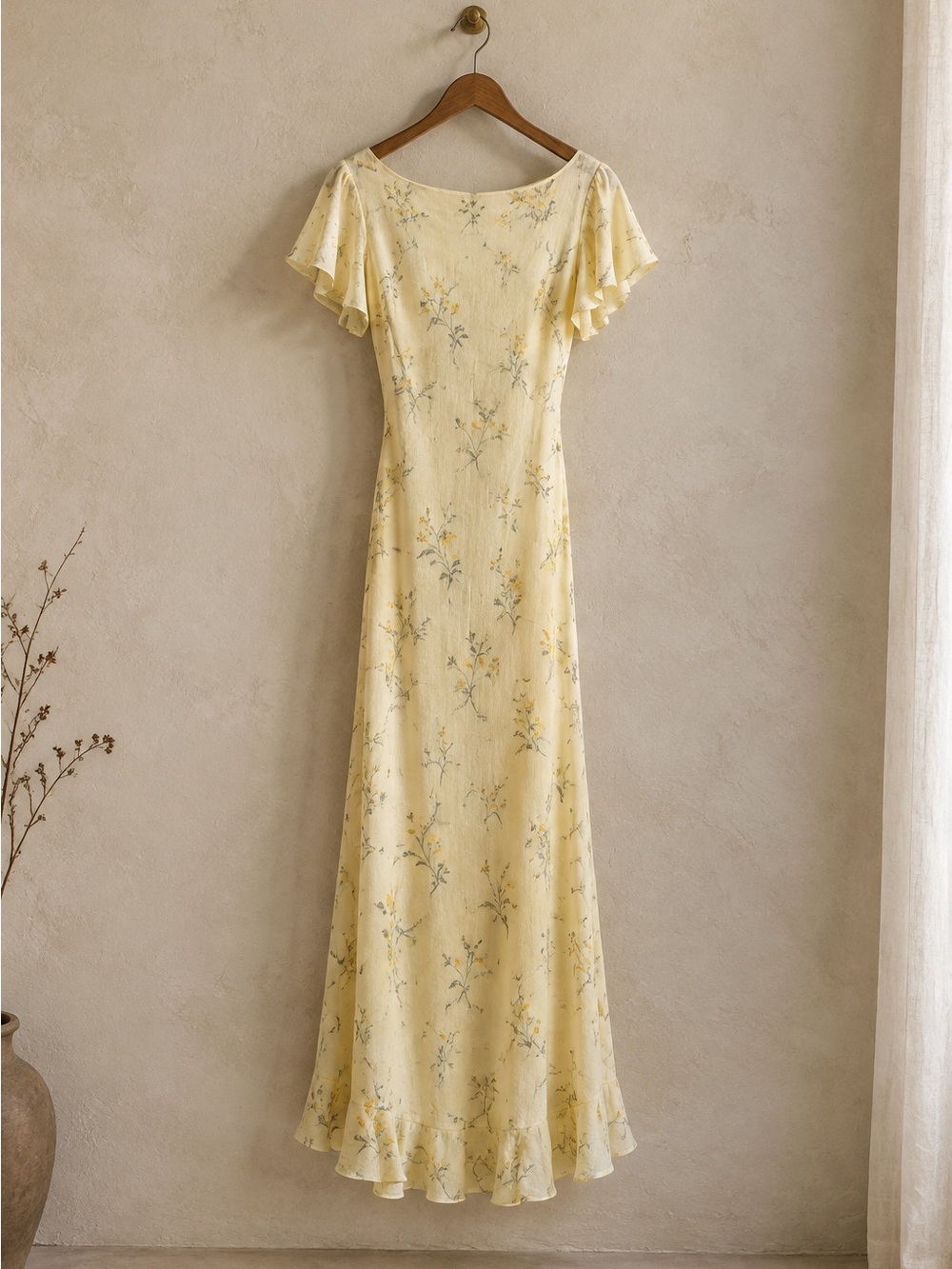 Yellow Floral Maxi Dress with Flutter Sleeves